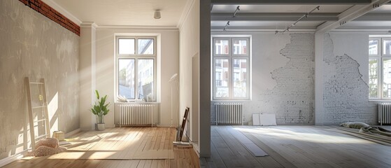 Renovated rooms with spacious windows and heating systems, both before and after the restoration process. Examination of the differences between an old apartment and a newly renovated residence