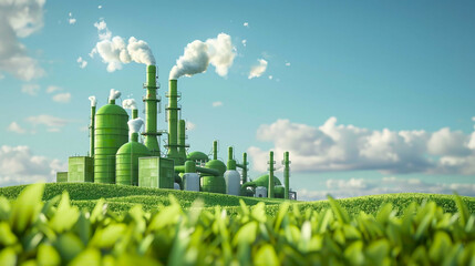 Ultra-detailed 3D rendering of a green factory icon placed on a fresh spring meadow background photorealistic natural light highlighting eco-friendly industry