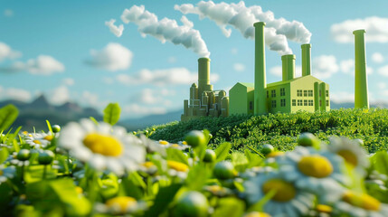 Obraz premium Ultra-detailed 3D rendering of a green factory icon placed on a fresh spring meadow background photorealistic natural light highlighting eco-friendly industry