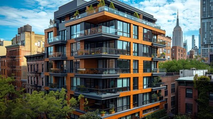 Fototapeta premium Modern Apartment Building With Balconies in a New York City Neighborhood
