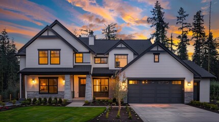 Beautiful modern farmhouse style luxury home exterior at twilight