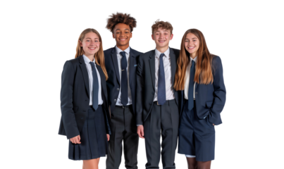 Portrait of male and female high school students wearing uniform, friendship concept smiling together, isolated on transparent background