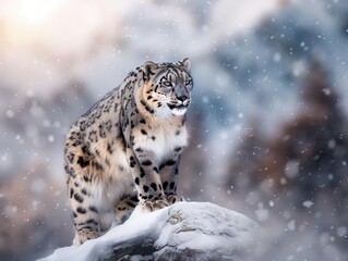 Obraz premium A snow leopard is standing on a rock in the snow