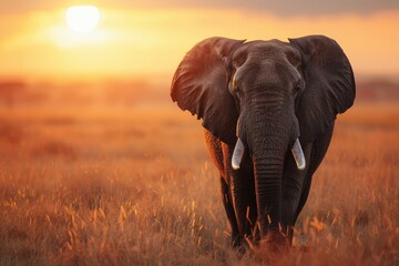 Naklejka premium A large elephant is standing in a field of tall grass