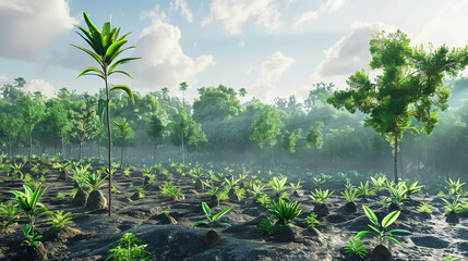 Obraz premium Ultra-detailed scene of a reforestation project in a deforested area showcasing native tree planting and biodiversity conservation efforts vibrant and lush landscape