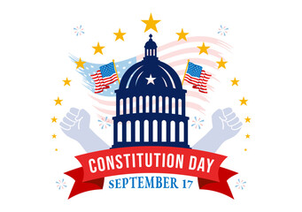 Happy Constitution Day United States Vector Illustration Vector Illustration on September 17th with an American Waving Flag and the Capitol Building