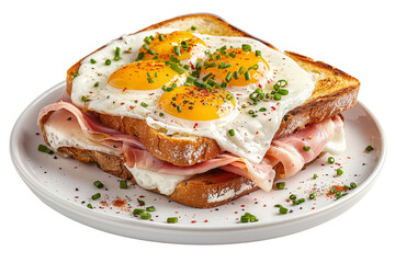 A delicious breakfast of fried eggs and crispy bacon served on a white plate