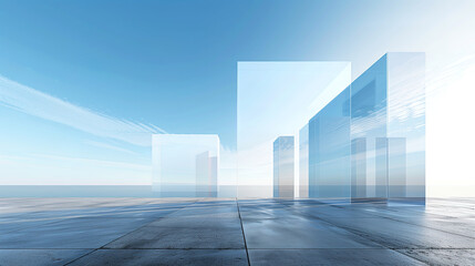 Obraz premium futuristic surreal space with abstract glass architecture and concrete floor against the blue sky