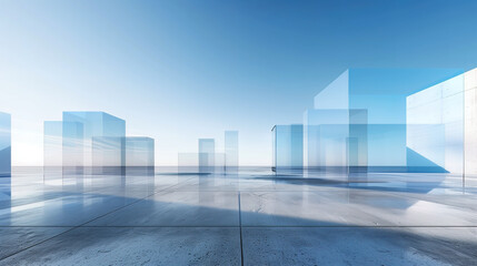 Fototapeta premium futuristic surreal space with abstract glass architecture and concrete floor against the blue sky