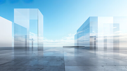 Fototapeta premium futuristic surreal space with abstract glass architecture and concrete floor against the blue sky