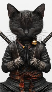A black cat dressed in a ninja outfit sitting in a meditative pose with swords on its back, highlighting its serene and fierce nature.