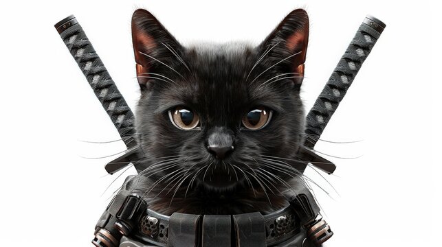 Close-up of a black cat dressed as a ninja with swords, isolated on white background. Captivating and unique image.