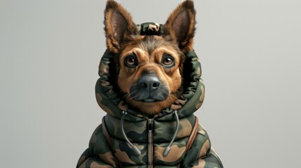 Cute dog wearing a camo jacket. Front view, isolated on a white background. Suitable for pet fashion and animal portrait concepts.