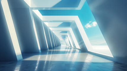 futuristic minimalist designed corridor against the background of blue sky
