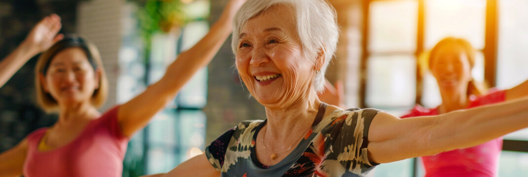 Senior women dancing together in gym cla