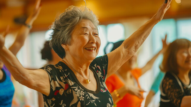 Senior women dancing together in gym cla