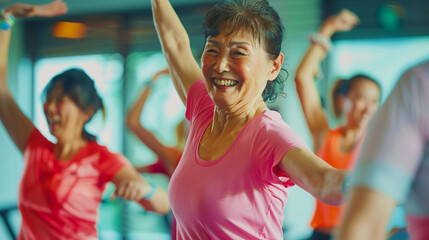 A happy senior woman doing Zumba in a gym class.