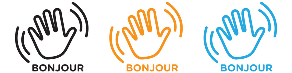Bonjour text with hand wave vector logo set collection for web app ui © Krupal