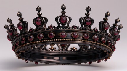 Ornate royal crown adorned with intricate red gemstones, symbolizing regality and luxury against a plain background.