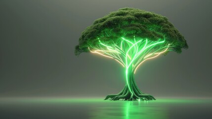 Surreal glowing green tree with neon lights, representing technology and nature fusion, standing alone on a reflective surface.