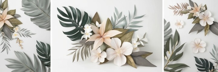 Fototapeta premium Elegant floral arrangement featuring delicate flowers and tropical leaves on a white background. Perfect for nature-inspired designs and decor.