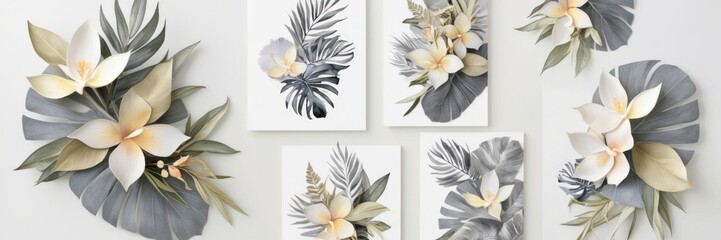 Fototapeta premium Elegant floral arrangement featuring delicate flowers and tropical leaves on a white background. Perfect for nature-inspired designs and decor.