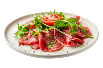 Prosciutto with Arugula and Tomato on a White Plate