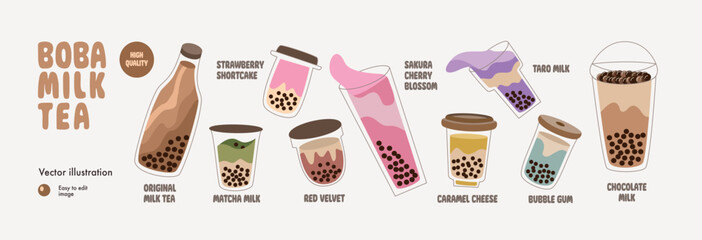 Boba milk tea collection. Menu design. Bubble tea illustration.