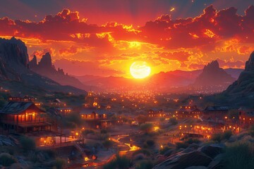 Sunset Over a Small Mountain Town With a Stream