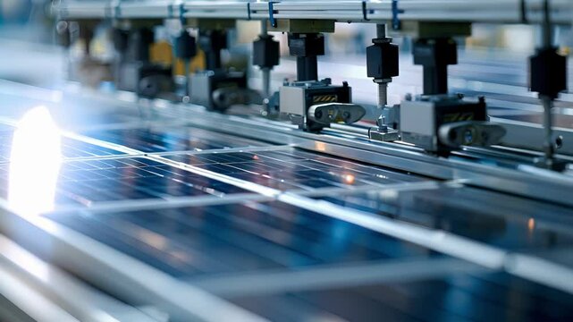 Closeup of a machine shaping and molding solar panel materials into their desired form.