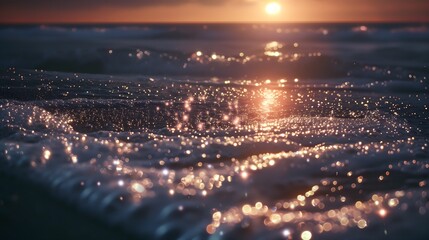 Naklejka premium Sunset over the ocean with sparkling waves and shimmering wet sand 