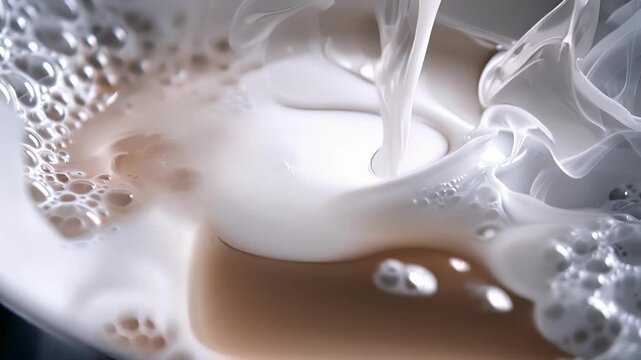 Upclose and personal with a frothing pitcher capturing the velvety texture of steamed milk and the swirling motion produced by the steam wand.