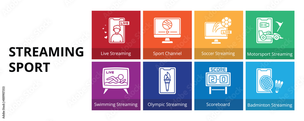 Sticker Streaming Sport Glyph Solid Banner Web Icon Set Vector Illustration, Live Streaming Sport Channel Soccer Motorsport Swimming Olympic Scoreboard Badminton