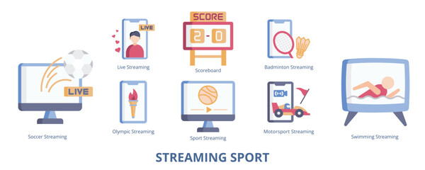 Streaming Sport Flat Banner Web Icon Set Vector Illustration, Live Streaming Sport Channel Soccer Motorsport Swimming Olympic Scoreboard Badminton