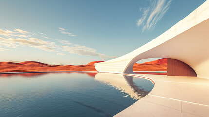 A futuristic hotel in the middle of desert with a beautiful lake