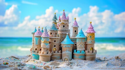 Colourful painted sand castle on sunny tropical ocean beach with turquoise water. Fairytale magic sandcastle by the sea