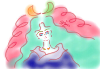 オレンジとグリーンのリボンをライトグリーンのロングヘアにつけた、紫の着物を着た天女が微笑んでいる