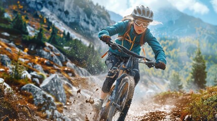 Naklejka premium Young woman wearing a helmet riding a sports bicycle fast on the mountain trail in autumn. Active and healthy lifestyle concept