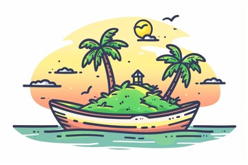 Fototapeta premium Idyllic tropical island with palm trees and birds in a retro vintage style illustration