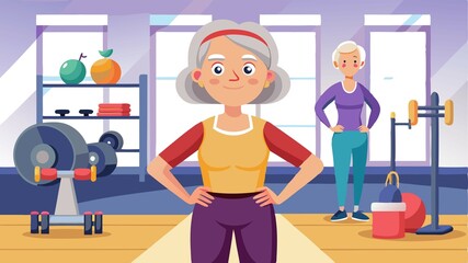 This captivating scene features a mature woman confidently standing in a fitness studio. The design celebrates the power of staying active and highlights the inclusivity of fitness for all ages.