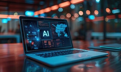 AI Technology Concept: Laptop with 'AI' Text and Digital Lines