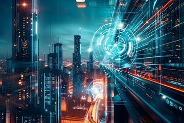 Obraz premium Futuristic AI cityscape with glowing lights advanced technology modern urban design digital innovation cyber aesthetics vibrant city high tech visuals neon ambiance technological future