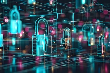 Implement cyber security and protection protocols to manage data and secure online connections, using padlocks to safeguard user identification against hacking