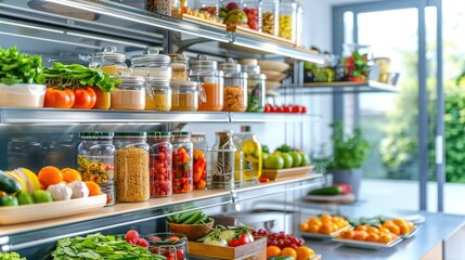 Modern kitchen with fresh vegetables, fruits, and various spices organized on shelves in glass jars for a healthy culinary lifestyle.