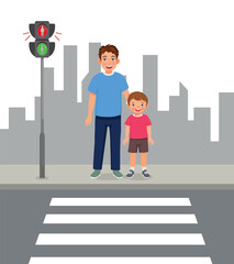 Cute little boy and his father waiting to cross the road on zebra crossing © Tenstudio