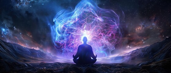 Mystical Meditation Under a Cosmic Sky with Vibrant Energy Waves and Starry Background