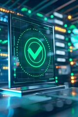 Obraz premium A digital dashboard with a large green tick icon confirming successful verification of user credentials. 