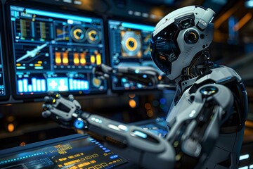 Fototapeta premium Robotic arm using VR equipment in a control room, showcasing advanced technology and virtual reality integration, high-tech and futuristic