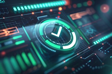 Fototapeta premium A digital dashboard with a large green tick icon confirming successful verification of user credentials. 