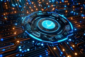 Fototapeta premium Close up of a high tech AI core with neon blue circuits pulsating within, representing the heartbeat of technology